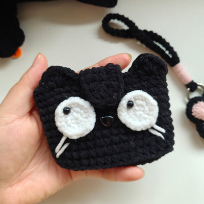 Handmade Crochet Black Cat Coin Purse, Kawaii Cat Pouch with Lanyard, Cute Cat Keychain Bag Charm, Gift for Cat Lover