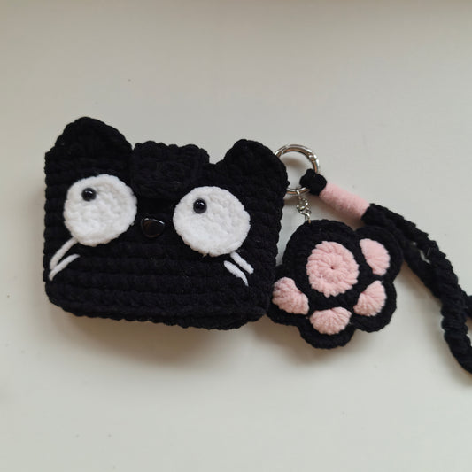 Handmade Crochet Black Cat Coin Purse, Kawaii Cat Pouch with Lanyard, Cute Cat Keychain Bag Charm, Gift for Cat Lover