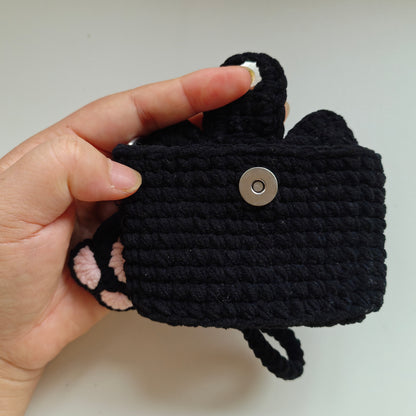 Handmade Crochet Black Cat Coin Purse, Kawaii Cat Pouch with Lanyard, Cute Cat Keychain Bag Charm, Gift for Cat Lover